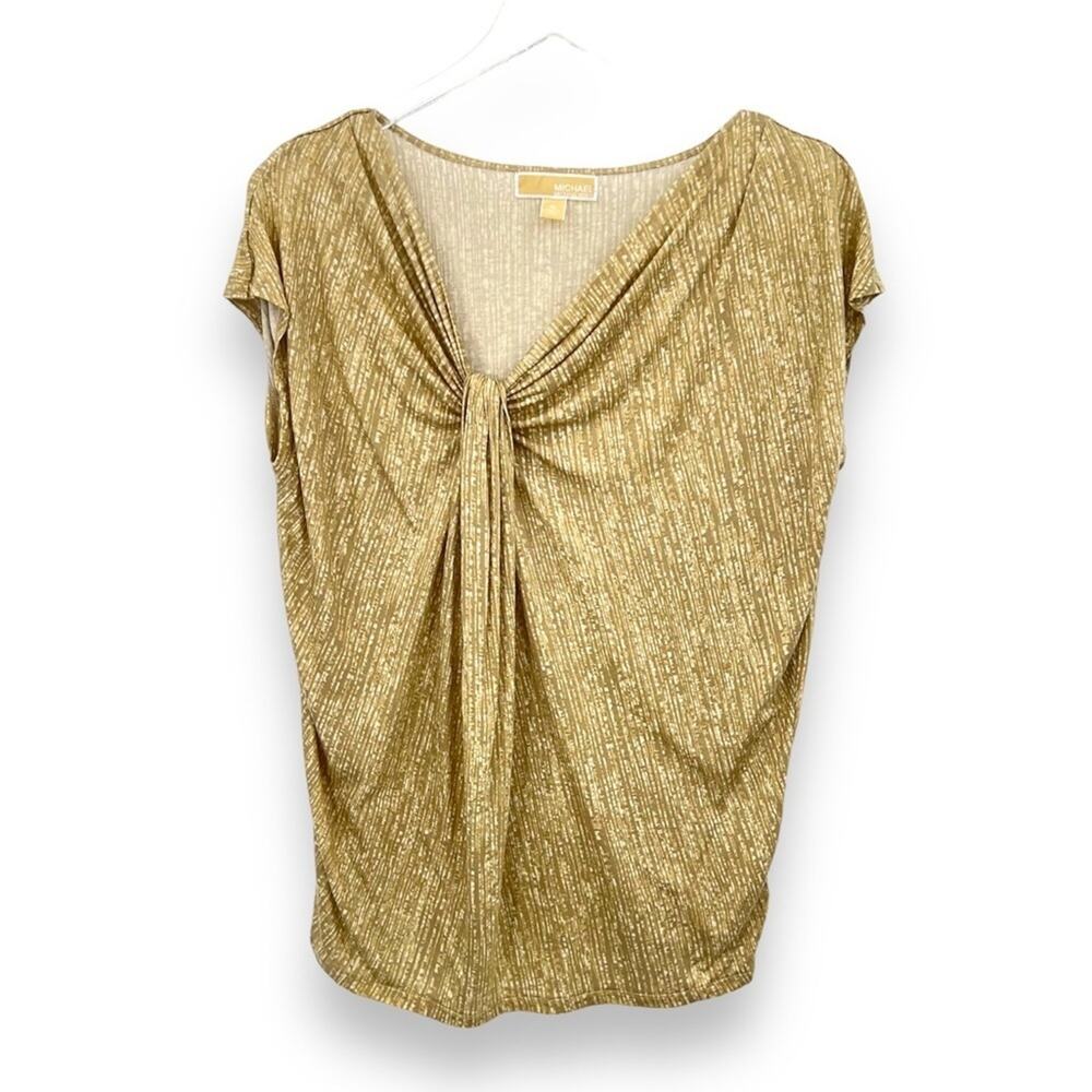 Michael Michael Kors blouse XL tan striped twist front ruched cap sleeve V neck